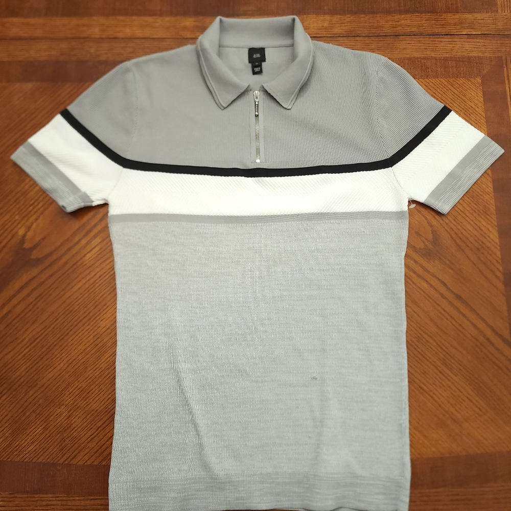 River Island Polo Men's Sz Medium Striped Gray/White Stretch NEW